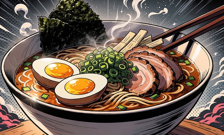 Sztuka w stylu anime wygenerowana przez SI przedstawiająca miskę ramen z wieprzowiną, jajkiem i warzywami. Nakładka z poleceniem brzmi: „Stylizowana ilustracja manga parującej miski ramen, dramatyczna...”
