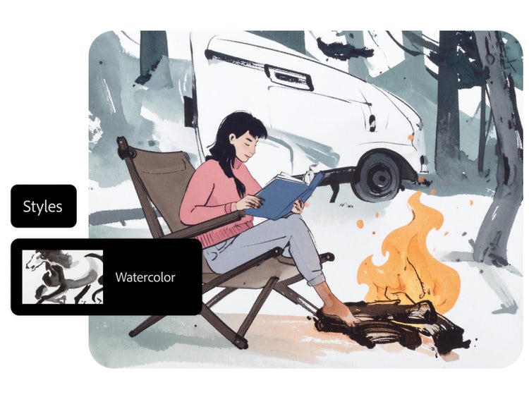 Ilustracja kobiety czytającej przy ognisku z zastosowanym stylem Akwarele generatora komiksów opartego na SI