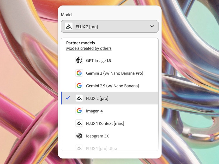 Menu rozwijane z kilkoma różnymi partnerskimi modelami SI dostępnymi w usłudze Adobe Firefly. Wybrano FLUX.2 [pro].