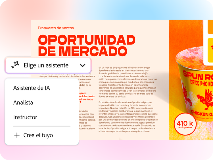 Captura de pantalla de una propuesta de ventas con un menú de asistente de IA y una opción para elegir un Asistente de IA, Analista o Instructor