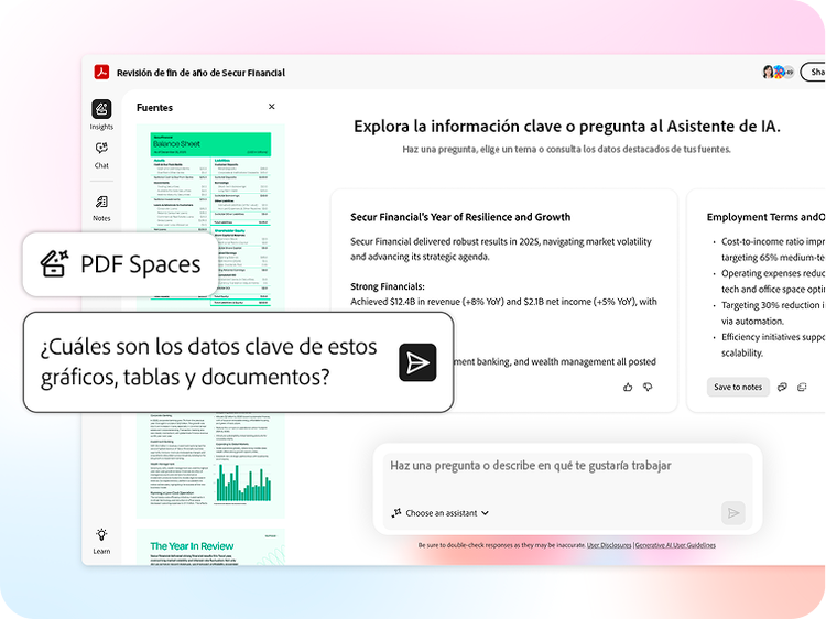 PDF Space con tecnología de IA y un globo de chat destacado para pedir información clave