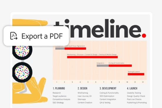 Imagen de una presentación de diapositivas con una línea de tiempo y donde se resalta la superposición del ícono de la función Exportar un PDF de Acrobat., Picture