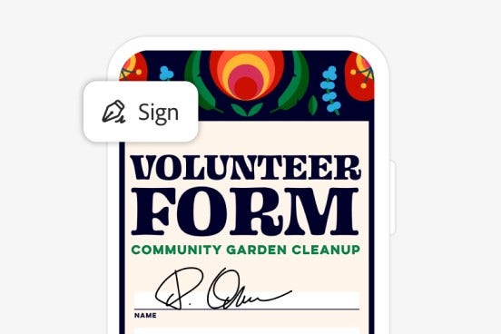 Imagen de un formulario de voluntariado que destaca una superposición del ícono de la función Firma en la esquina de Acrobat., Picture