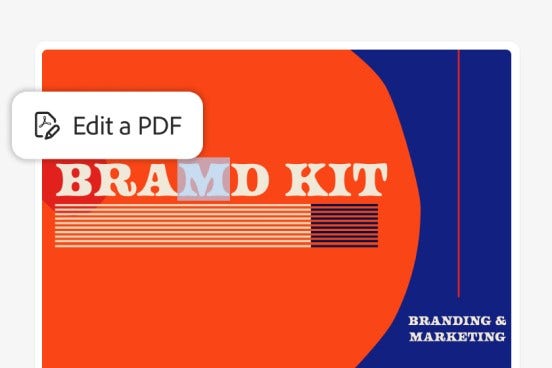 Imagen de un kit de marca con colores atrevidos en la que se lee el texto “Brand Kit” (kit de marca) y “Branding & Marketing” (marca y marketing). Se muestra el ícono de función de Acrobat Editar un PDF., Picture