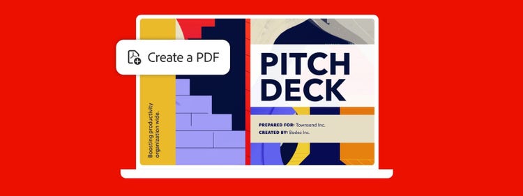 Ilustración de la pantalla de un portátil en la que aparece un discurso de presentación colorido con el texto “Pitch Deck” (discurso de presentación) preparado para Townsend Inc. por Bodea Inc. Se muestra el ícono Crear un PDF., Picture