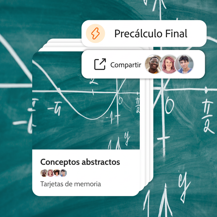 Se comparten tarjetas de estudio para un examen final de precálculo con tres colaboradores. Un primer plano de una gráfica en una pizarra sirve tanto de fondo como de portada del conjunto de tarjetas de estudio.