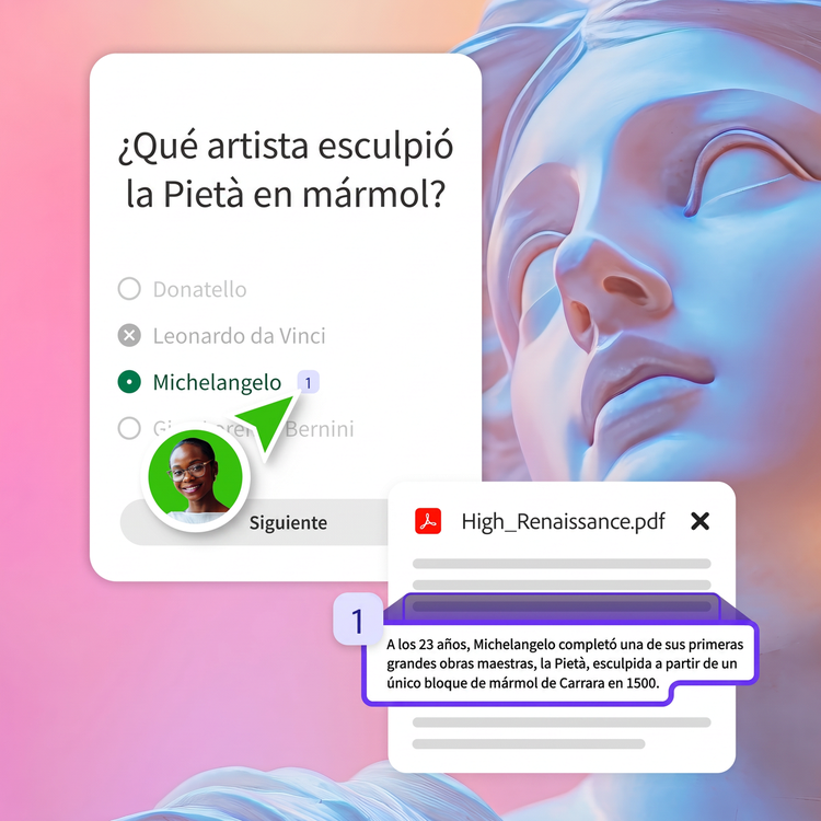 Una persona en una burbuja verde selecciona la cita junto a la respuesta correcta de una pregunta de cuestionario. La respuesta está respaldada por un dato de un PDF de recursos relevante