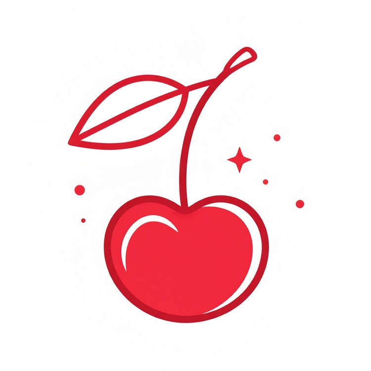 Imagen generada con IA de un logotipo minimalista dibujado a mano de una cereza en rojo y blanco, con contornos simples y destellos sutiles sobre un fondo blanco