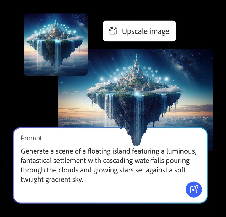 Imagen de fantasía generada con IA de una isla flotante, con un castillo resplandeciente y cascadas que descienden sobre las nubes, mostrada en la interfaz de Adobe Firefly, con la opción “Ampliar imagen” y la indicación a la vista
