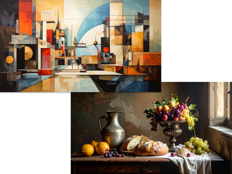Dos imágenes generadas con la IA de Firefly en distintos estilos: un bodegón clásico fotorrealista de uvas y una ilustración abstracta geométrica y moderna