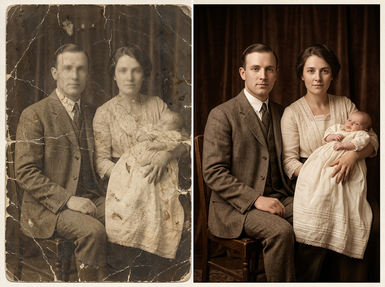 Vista comparativa antes y después de un retrato vintage de una pareja con un bebé que muestra detalles y tonos restaurados