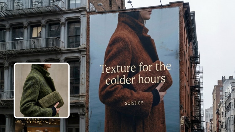 Imagen de una valla publicitaria que promociona un abrigo elegante, exhibida de manera prominente en el costado de un edificio