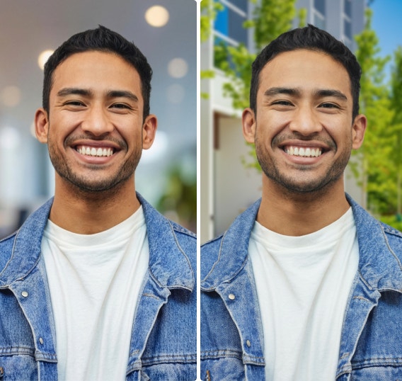 Retratos en paralelo de un hombre sonriente con una chaqueta de mezclilla, donde el mismo sujeto aparece frente a dos fondos diferentes