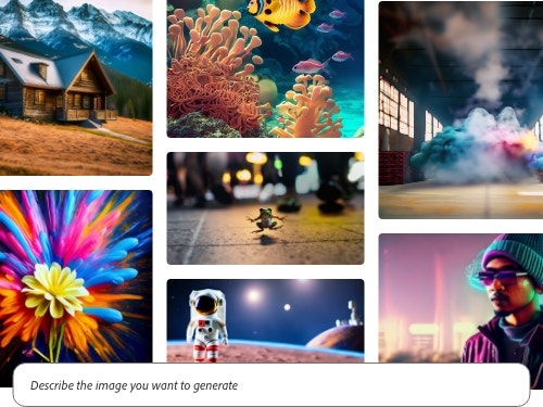 Interfaz de galería que muestra siete pinturas digitales en diferentes estilos artísticos, con la superposición de la indicación de texto en el generador de pinturas con IA