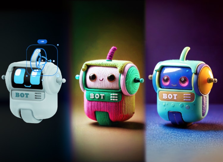 Tres variaciones artísticas de personajes robóticos creados en el generador de arte en 3D con diseño retro y colores vibrantes