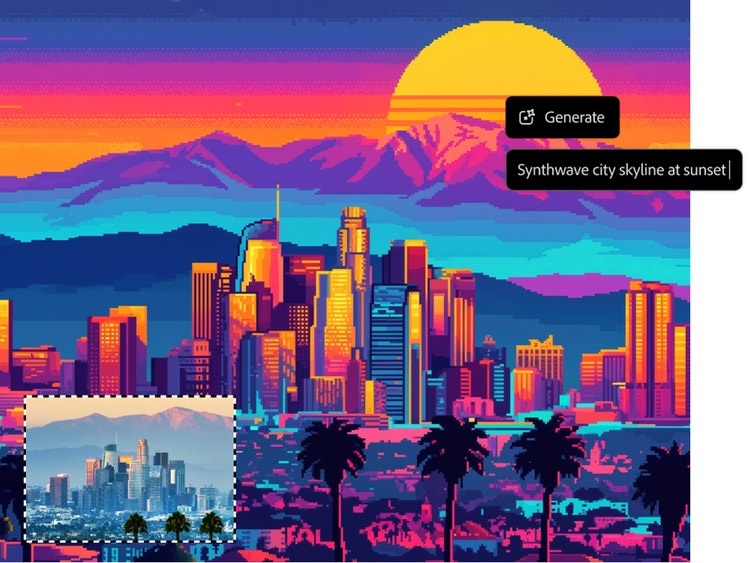 Imagen pixelada de un horizonte urbano en colores rosa y naranja brillantes; en la esquina inferior izquierda, hay una fotografía de una ciudad de aspecto similar; la interfaz de usuario superpuesta muestra la indicación “Horizonte urbano synthwave al atardecer”