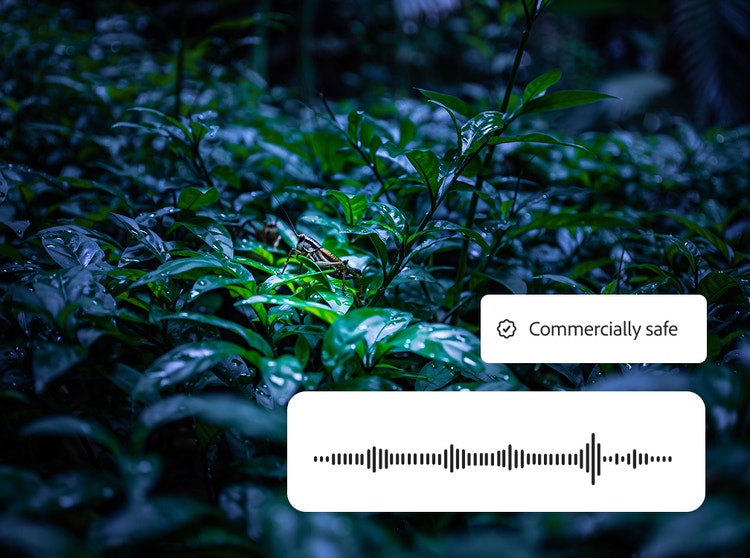 Primer plano de un grillo en una hoja húmeda con la superposición de una forma de onda de audio y una insignia que declara el audio generado como “Seguro para fines comerciales”