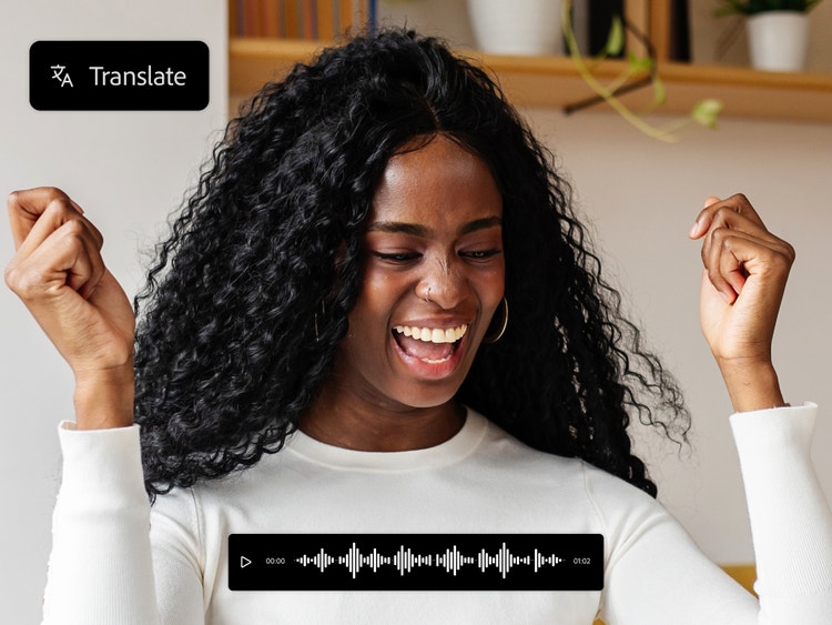 Una mujer vestida de blanco emocionada con una imagen superpuesta de la herramienta Traducción de audio con IA