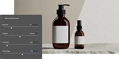 Dos botes de cristal descansando sobre una piedra con un panel de herramientas de selección de la interfaz superpuesto que incluye controles deslizantes de perfeccionamiento para controlar la transparencia del fondo de la imagen., Picture