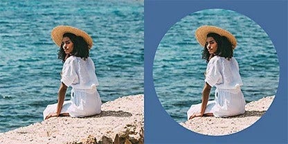 Comparación del antes y el después de una fotografía de una mujer sentada en la playa en la que se ha utilizado una máscara circular para resaltar al sujeto., Picture