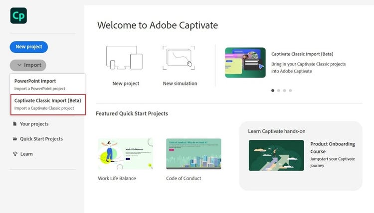 Import Adobe Captivate Classic projects effortlessly (BETA)