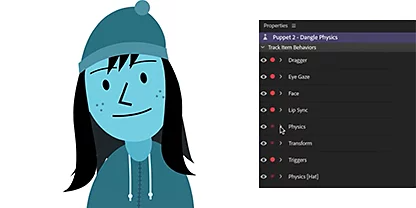 Cartoon character next to the physics interface in Adobe Character Animator