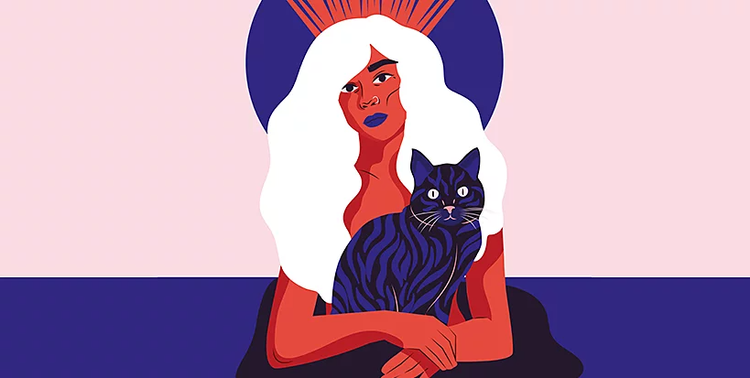 Cartoon woman holding a cat
