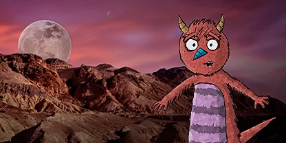 An alien cartoon character on a desert planet with the moon in the background