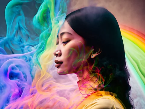 Firefly created images of a woman with a multi color smoke background