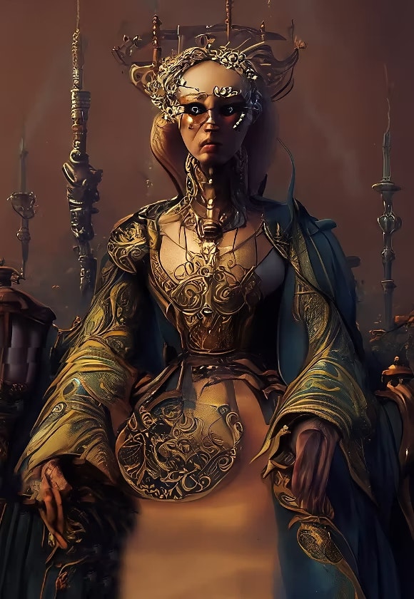 steampunk alien dressed like a medieval queen sits on a throne [guidance = 1]