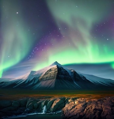 Tallest mountain in the world at night with the northern lights.