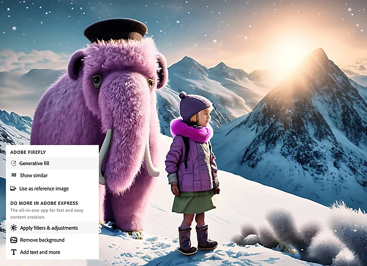“little girl adventurer in dirty, ragged clothes” standing on top of a “snow-covered mountain peak” next to a “pink woolly mammoth”