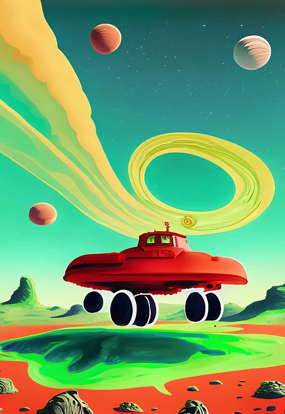 bright green swirling vector shapes in the sky red Martian rover on land, photo realistic