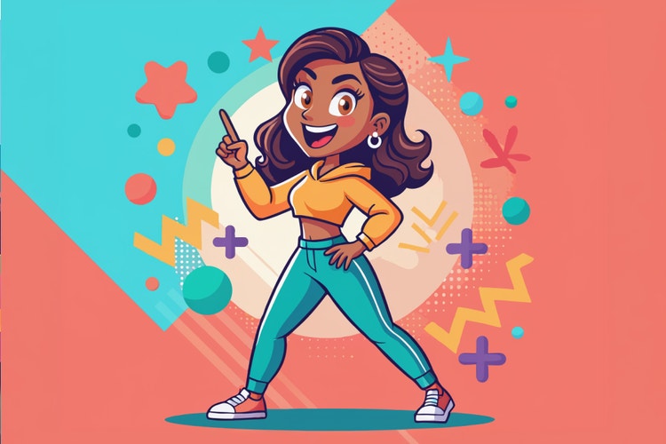 Modern, flat-style product illustration of a smiling woman confidently holding a smartphone. She has dark wavy hair and wears an orange hoodie, teal pants, and white sneakers. The scene features clean geometric shapes, bold colors, simplified details, and a vibrant abstract background with circles, stars, zigzags, and plus signs, giving it a contemporary digital illustration look.