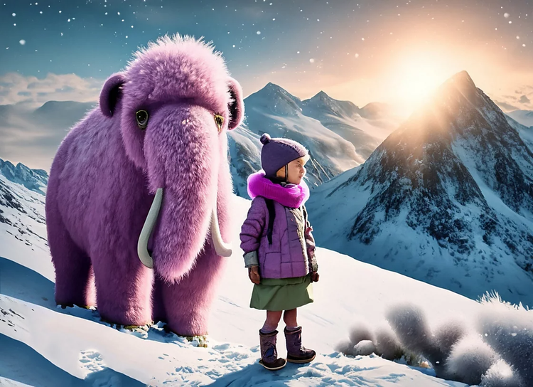 little girl adventurer in dirty, ragged clothes standing on a top pf a snow-covered mountain peak next to a pink wooly mammoth