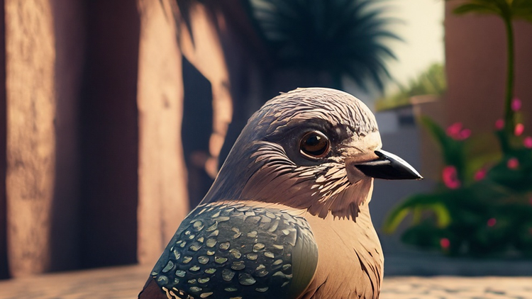 highly detailed little bird on a cobble street with palm trees