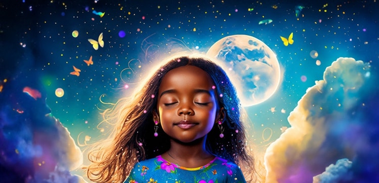 a girl with eyes closed with a space background