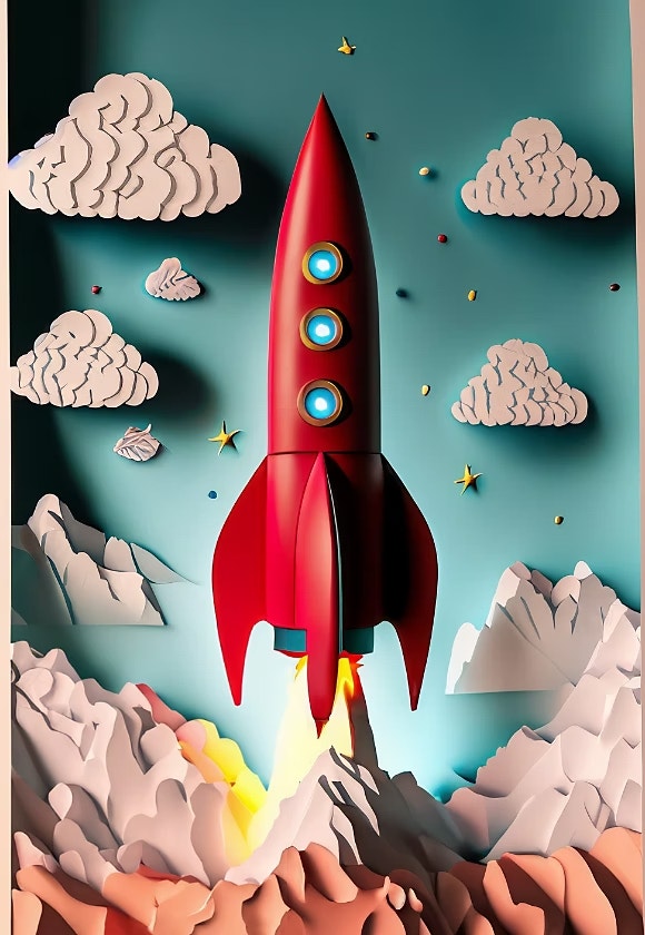 red rocket in a blue sky with clouds, layered paper [stylize = 10,90]