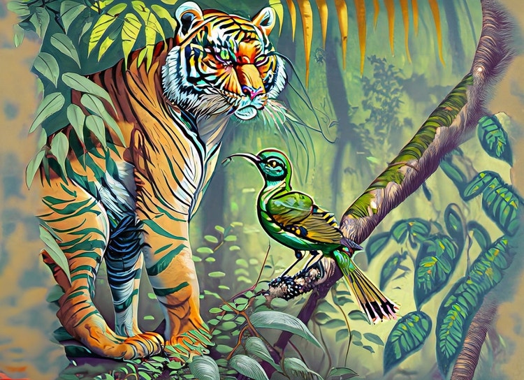 Tiger and bird in jungle