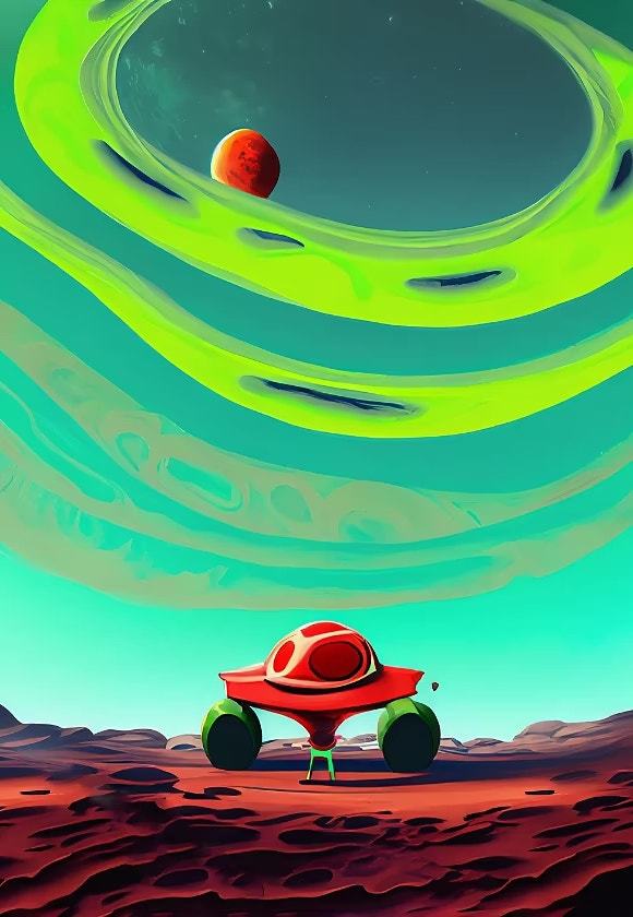 “bright green swirling vector shapes in the sky” “red Martian rover on land”, photorealistic
