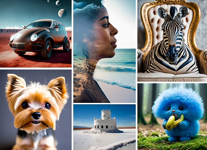 collage of AI generated images including driving a car on mars, side profile face and ocean double exposure portrait, zebra on a chair, tiny yorkie dog, white castle in the salt flats, and a fluffy blue ball animal running through a magical forest