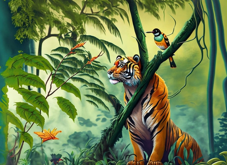 Tiger and bird looking in their right side in jungle