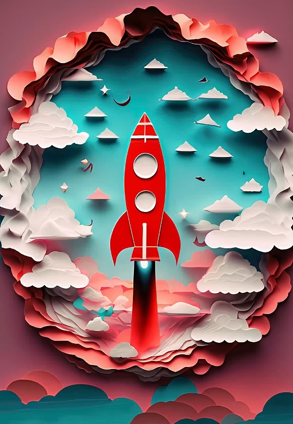 red rocket in a blue sky with clouds, layered paper [stylize = 90,10]