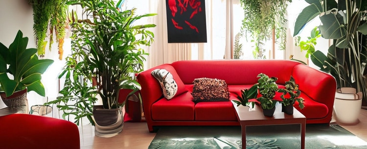 A living room with a lot of plants with a red couch.