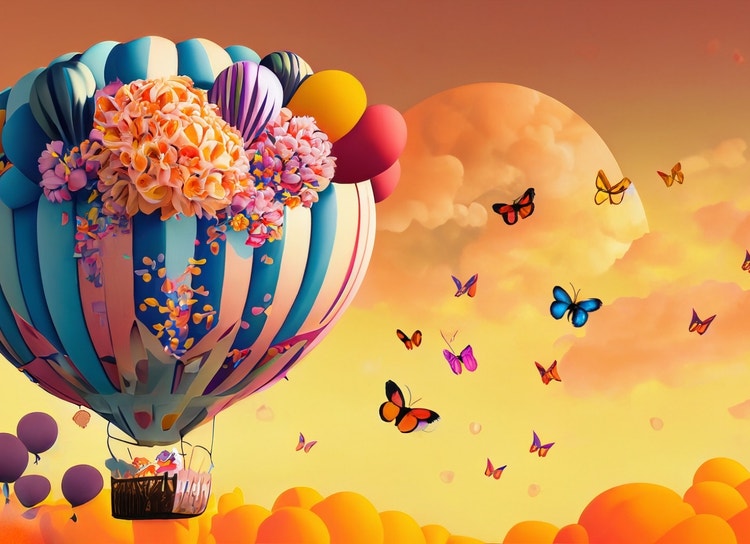 Hot air balloon full of flowers and butterflies, orange sky in background, happy birthday basket balloons, cubism, wide angle, golden hour, vibrant color