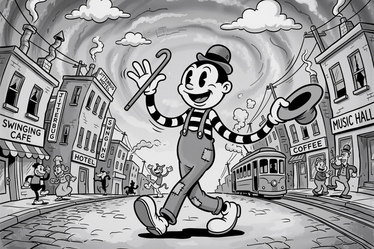 Modern chibi-style illustration of a cheerful cartoon character with an oversized head, small body, and exaggerated smile, walking down the middle of a lively city street while tipping a hat and waving. Rendered in black and white with playful expressions, simplified proportions, and whimsical details, the scene features storefronts, cobblestone streets, and vintage-inspired architecture.
