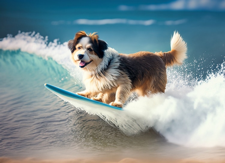 Fluffy dog surfing