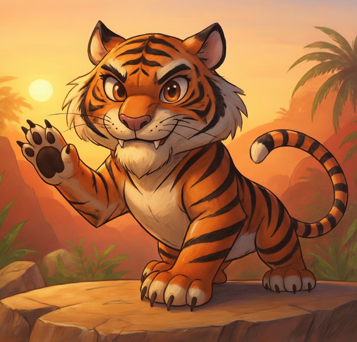 Cartoon tiger with expressive features standing on a rocky ledge in a tropical jungle at sunset, raising one paw, with palm trees and warm orange lighting in the background.