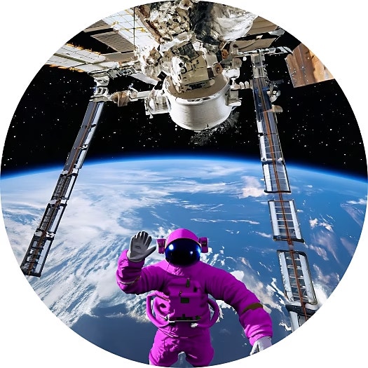 astronaut in bright purple space suit waves at camera, strong shadows.