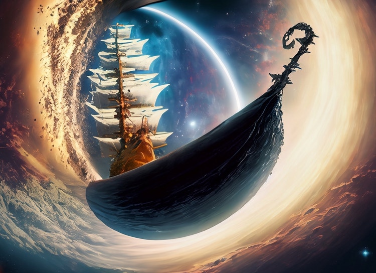 17th century sailboat traveling through a wormhole